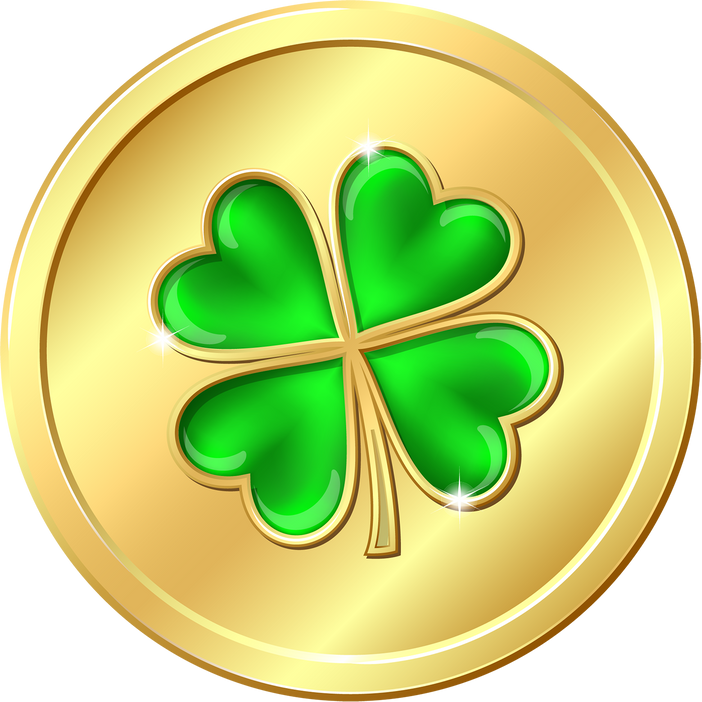 Golden coin with four leaf clover.